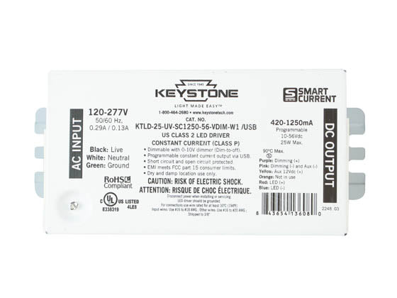 Keystone 25 Watt 420-1250mA Dimmable Programmable Constant Current LED Driver