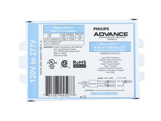 Advance Electronic Ballast Optimized to Ignite Two 36W Germicidal PL-L Style 4-Pin CFLs.