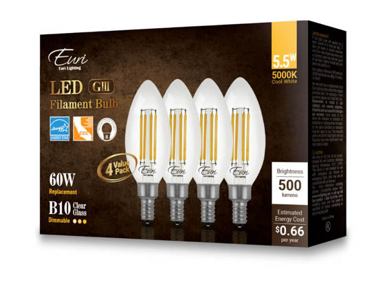 Euri Lighting Dimmable 5.5W 5000K 90 CRI Decorative LED Bulb - E12 Base (Pack of 4)