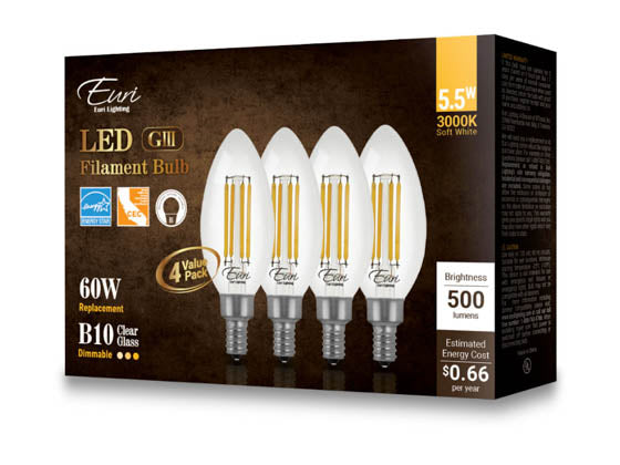 Euri 5.5W B-10 3000K 90 CRI Filament LED Bulb (Pack of 4)