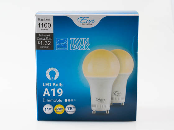 Euri Lighting Dimmable 11W 3000K A19 LED Bulb - GU24 Base (Pack of 2)