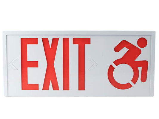 Exitronix Steel Exit Sign - Modified Racer-Style Wheelchair Accessibility Symbol - White