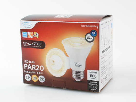 Euri Lighting 5.5W Dimmable 2700K 40° 90 CRI PAR20 LED Bulb (Pack of 2)