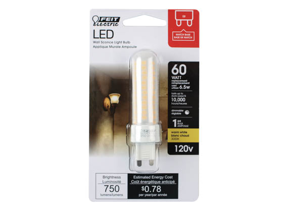 Feit Dimmable 6.5 Watt 120V 3000K T4 LED Bulb - G9 Base