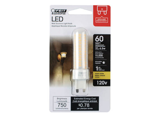 Feit Dimmable 6.5 Watt 120V 3000K T4 LED Bulb - G9 Base