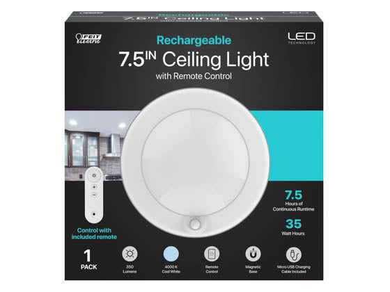 Feit 6 Watt 7.5" Battery Powered Rechargeable LED Ceiling Fixture - 4000K - With Remote Control