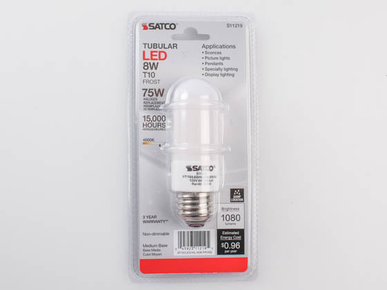 Satco 8 Watt High Lumen T10 Frosted LED Lamp - Non-Dimmable - 4000K - E26 Base