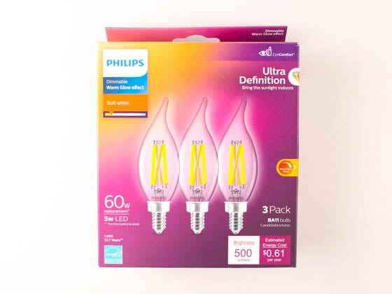 Philips Dimmable 5.5W BA-11 Warm Glow LED Bulb - 2700K-2200K - E12 Base (Pack of 3)