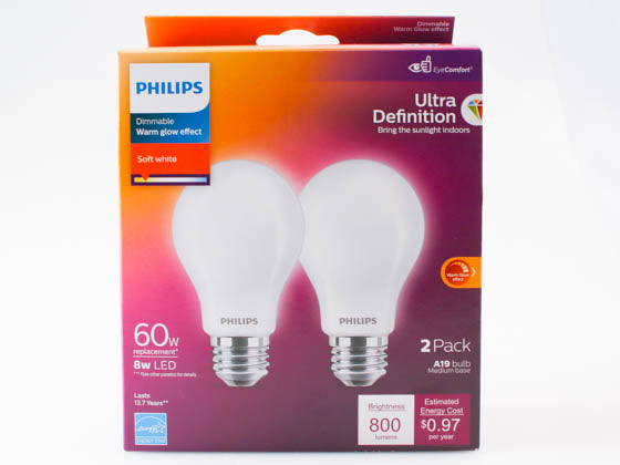 Philips Dimmable 8W Warm Glow 2700K-2200K A-19 LED Bulb - Frosted Glass - 95 CRI (Pack of 2)