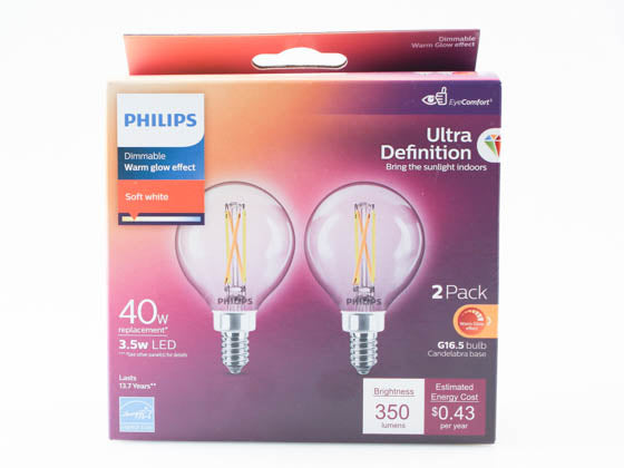 Philips Dimmable 3.5W Warm Glow G-16.5 Globe LED Bulb - 2700K-2200K (Pack of 2)