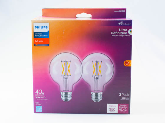 Philips Dimmable 3.5W Warm Glow 2700K-2200K 90 CRI G25 Clear Filament LED Bulb (Pack of 2)