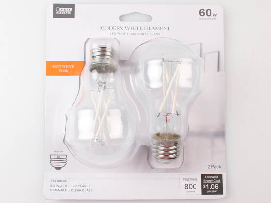 Feit Dimmable 8.8 Watt 2700K A-19 LED Bulb - Exposed White Filament - 60 Watt Equivalent (Pack of 2)