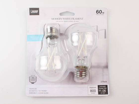 Feit Dimmable 8.8 Watt 5000K A-19 LED Bulb - Exposed White Filament - 60 Watt Equivalent (Pack of 2)