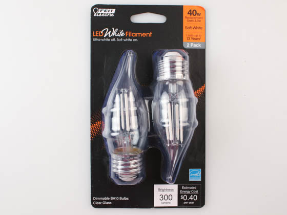 Feit Dimmable 3.3 Watt 2700K BA-10 Exposed White Filament LED Bulb - 40 Watt Equivalent - Medium(E26) Base (Pack of 2)