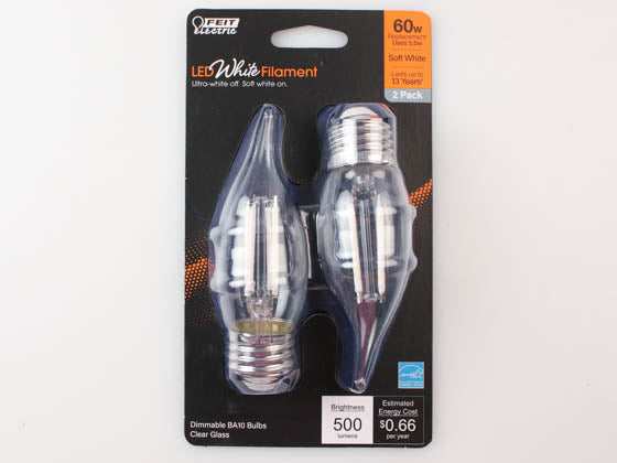 Feit Dimmable 5.5 Watt 2700K BA-10 Exposed White Filament LED Bulb - 60 Watt Equivalent - Medium(E26) Base (Pack of 2)