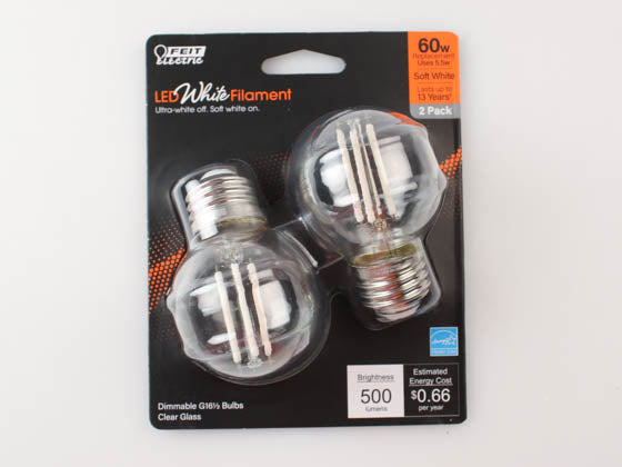 Feit Dimmable 5.5 Watt G-16.5 Exposed White Filament LED Bulb - 60 Watt Equivalent - 2700K (Pack of 2)